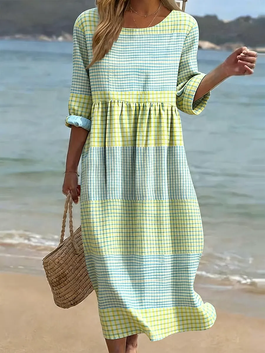 Women's  Casual Round Neck Mid Sleeve Print Cotton And Linen Dress
