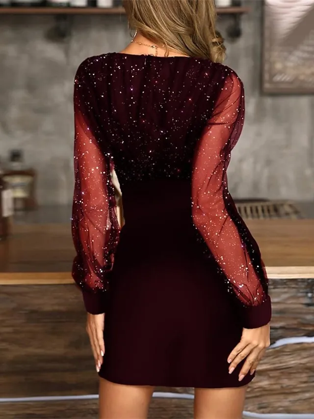 Women‘s Little Black Dress Sexy Dress Party Dress Homecoming Dress Sheath Dress Mini Dress Wine Purple Long Sleeve Mesh Dress Spring Fall Winter V Neck Fashion Party Wedding Guest