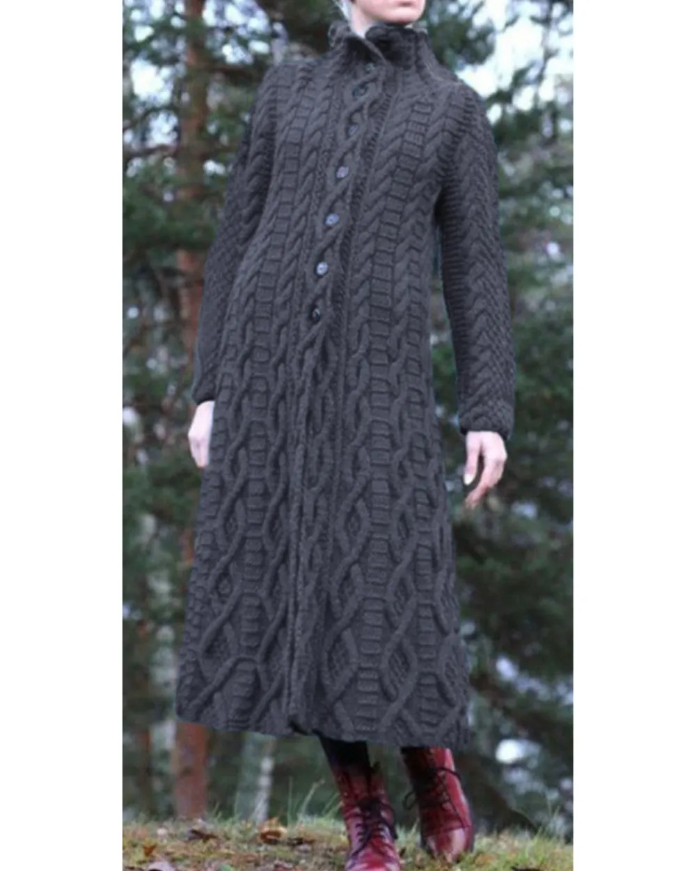 Women's High Neck Chunky Twist Knit Extra Long Cardigan