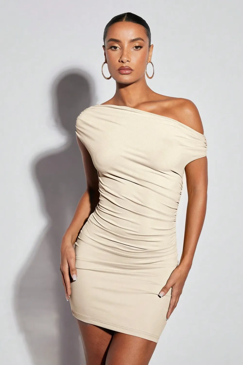 BAE Asymmetrical Neck Ruched Bodycon Dress