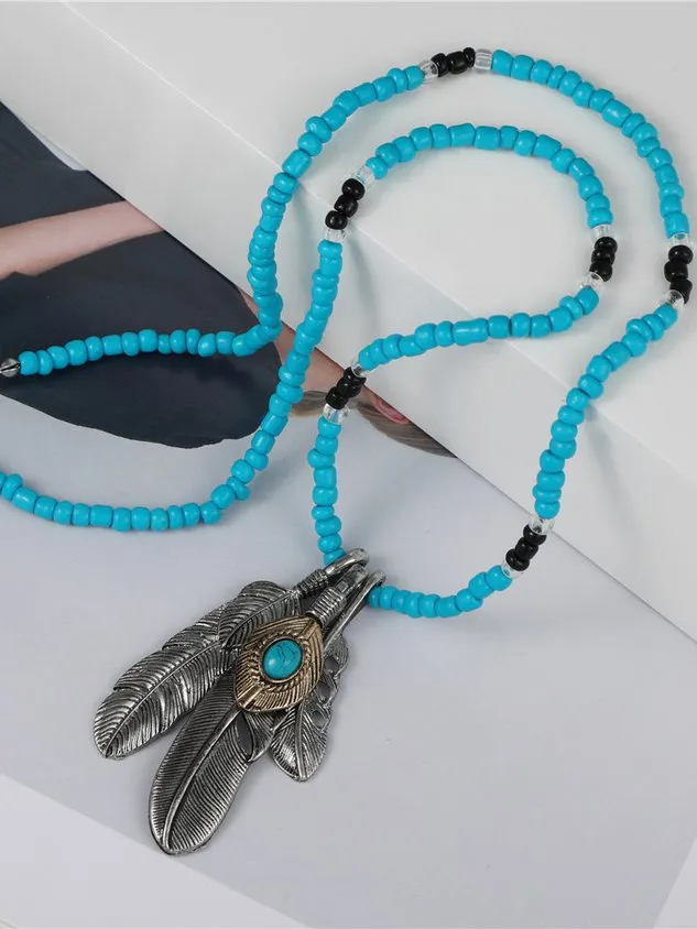 Vintage Feather Eagle Claw Pendant Necklace Women Boho Bead Necklace Sweater Chain