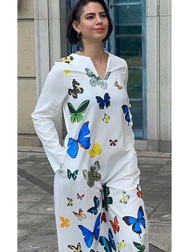 Women's Shift Dress Swing Dress Long Dress Maxi Dress Green Blue Grey White Black Long Sleeve Feather Butterfly Pocket Print Summer Spring V Neck Stylish Casual Dress 2023 S M L XL XXL XXXL 4XL 5XL
