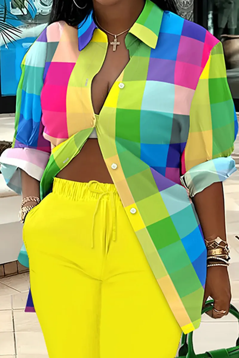 Multicolored Plaid Button Blouse High Waist Pocket Straight Leg Pants Matching Set