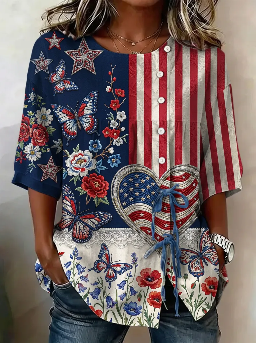 Women's Nashville USA Flag Butterfly Floral Printed Button Top