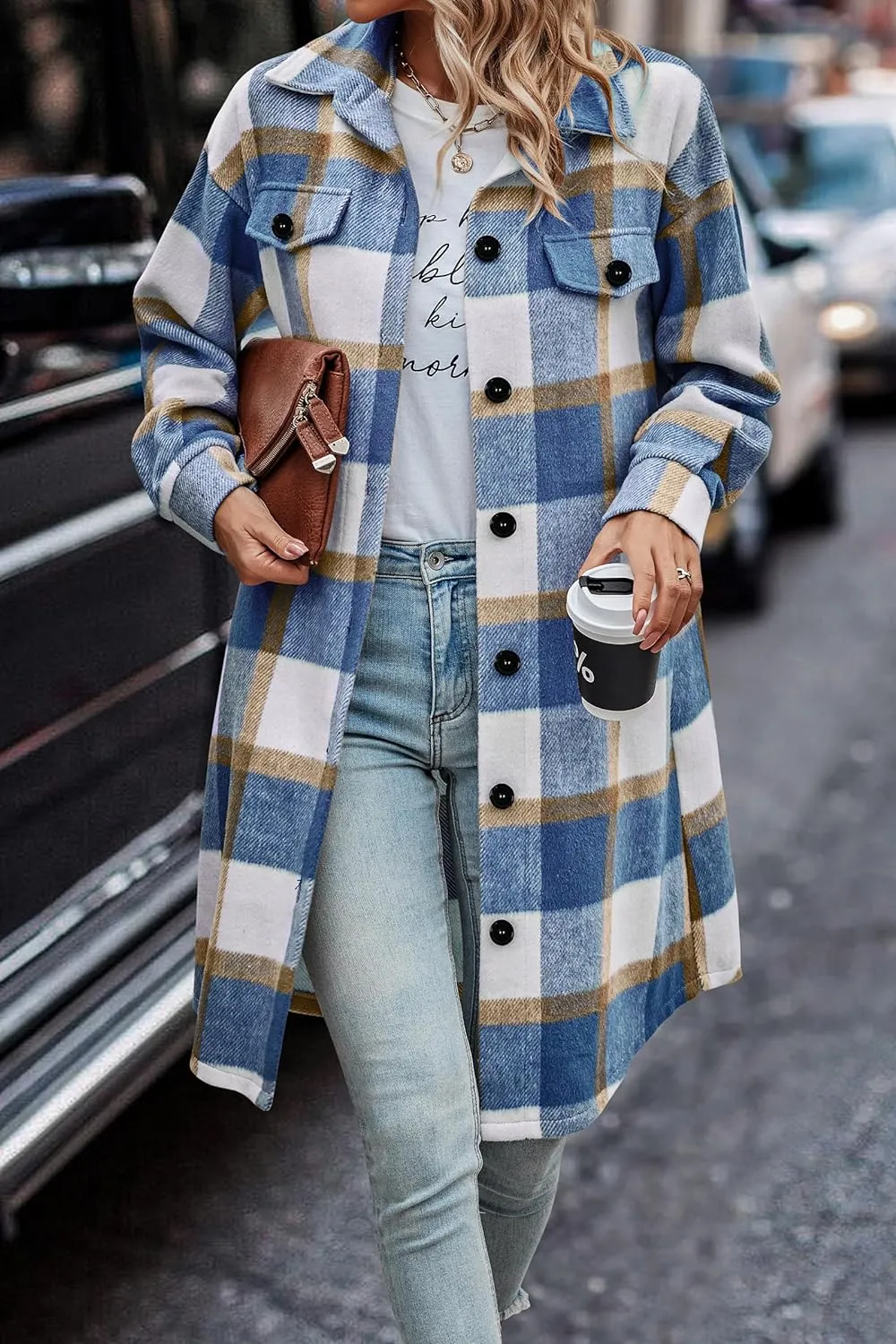 Women's Plaid Shacket 2023 Long Sleeve Button Up Flannel Shirt Winter Tartan Jacket Woolen Coats