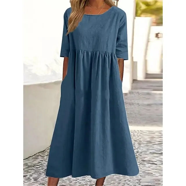 Women's Casual Dress Cotton Dress Swing Dress Midi Dress Cotton Basic Casual Outdoor Daily Crew Neck Pocket Smocked Half Sleeve Summer Spring Fall 2023 Loose Fit Light Blue Black White Pure Color S M