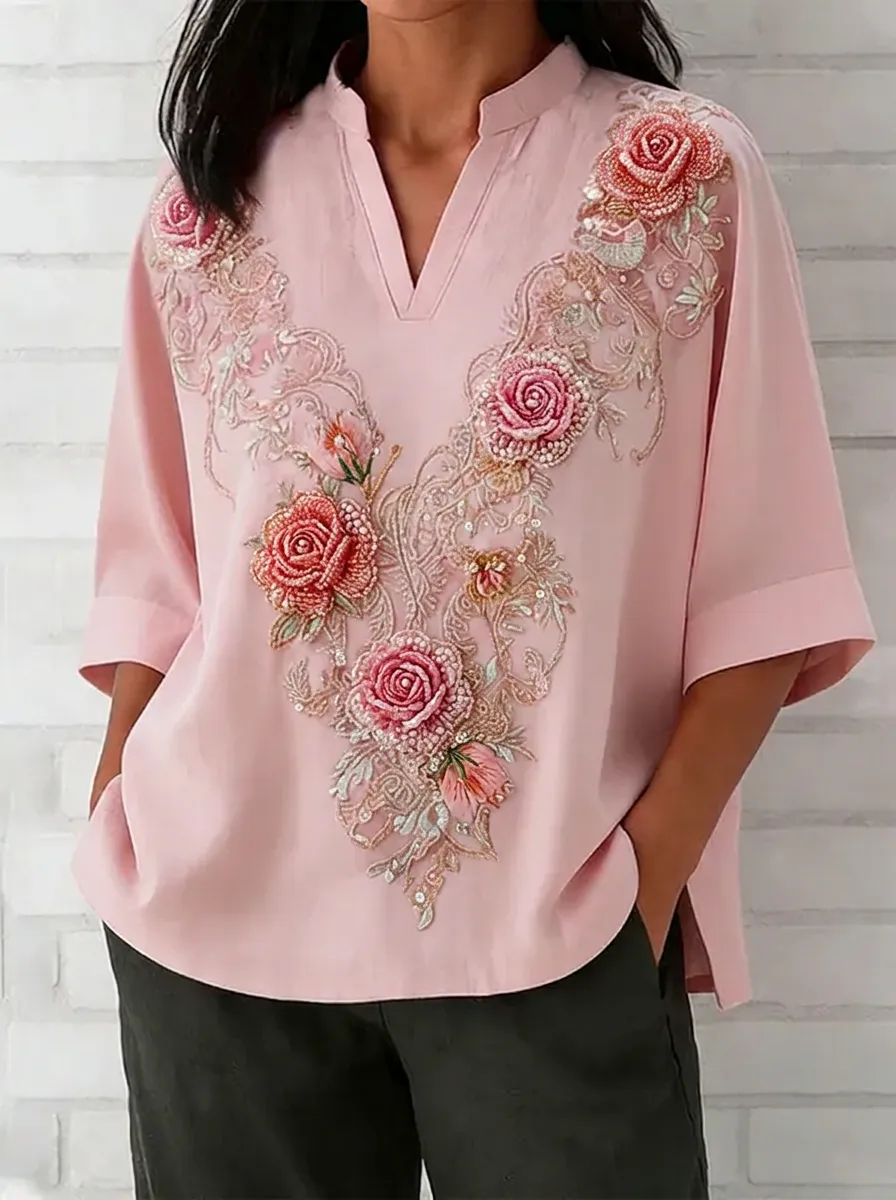 Women's Nashville Floral Beaded Embroidery Printed Top