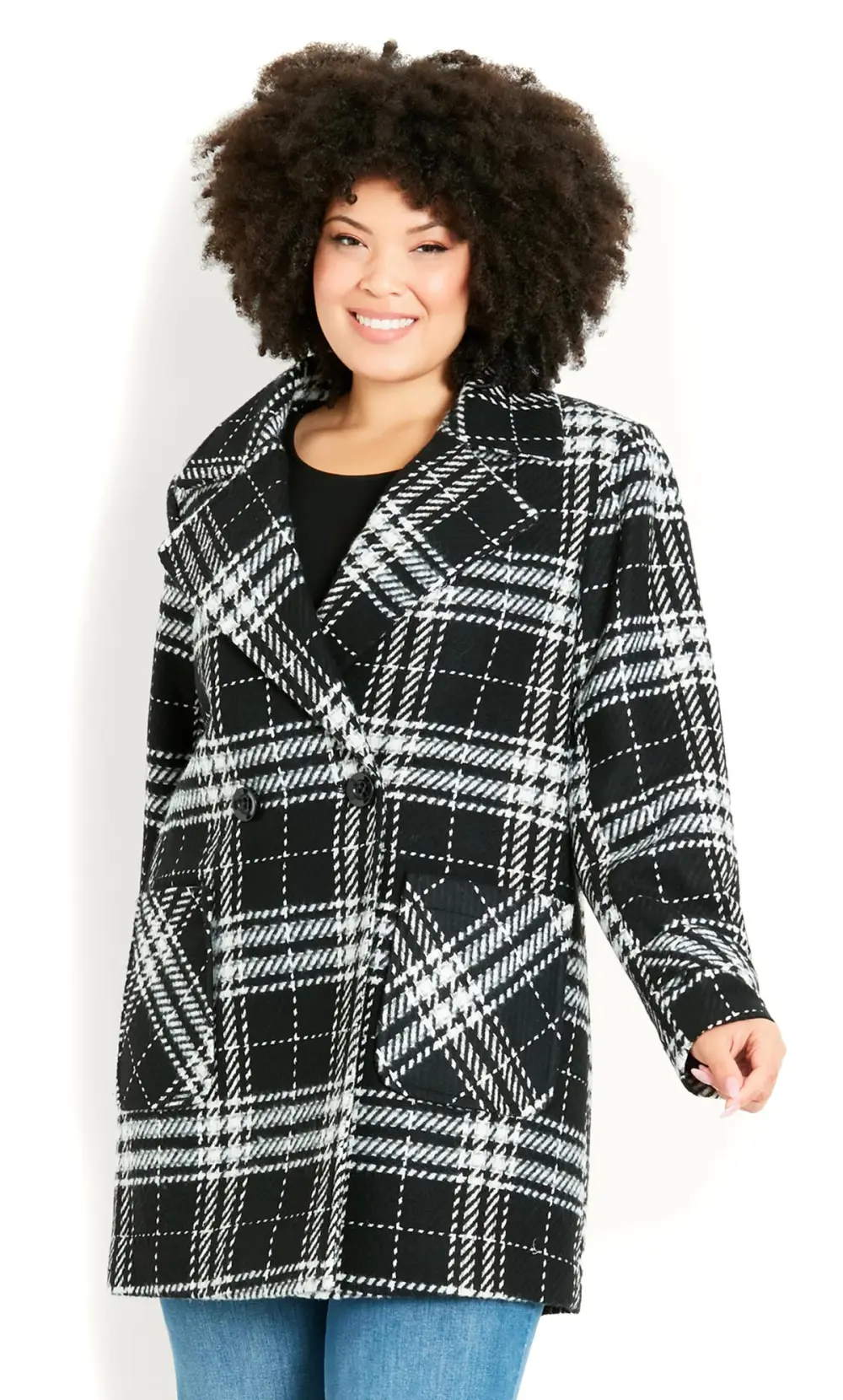 EVANS Curve Black & White Check Coat