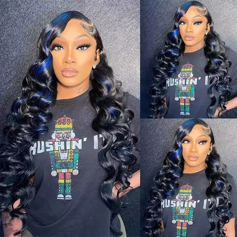 Flash Sale | Sterly Blue Highlight With Black Hair Roots 13x6 Full Lace Human Hair Wigs