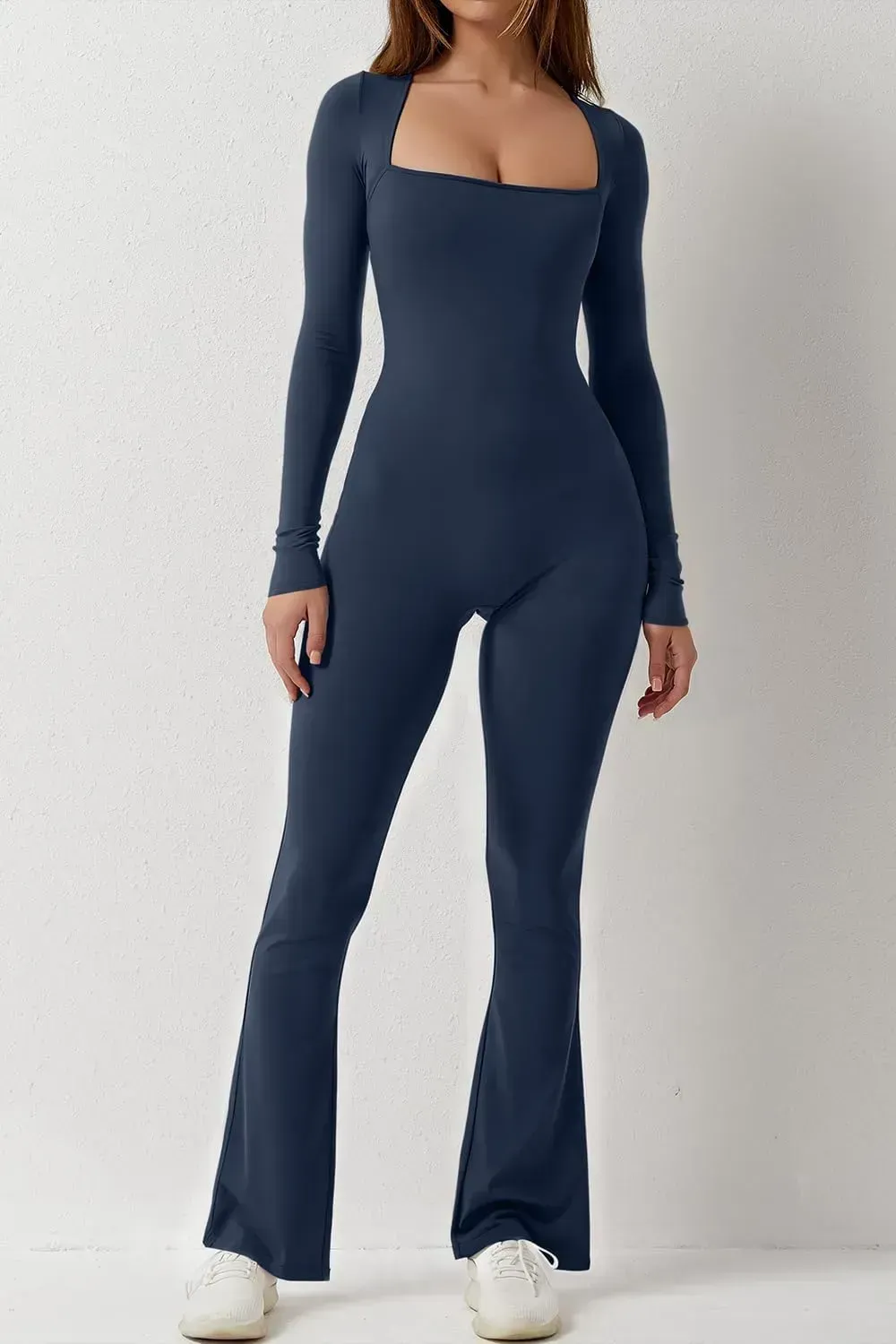 Long Sleeve Jumpsuits for Women Square Neck Wide Leg Full Length Romper Playsuit