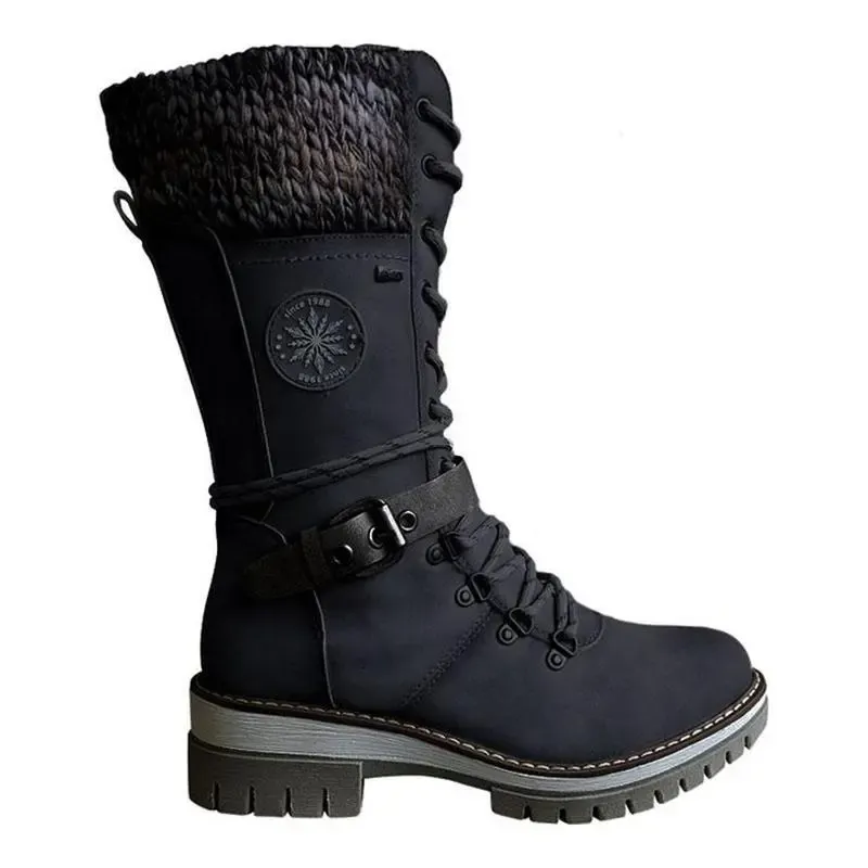 Retro Style Chunky Low Heel Lace Up Knitted Mid-Calf Boots