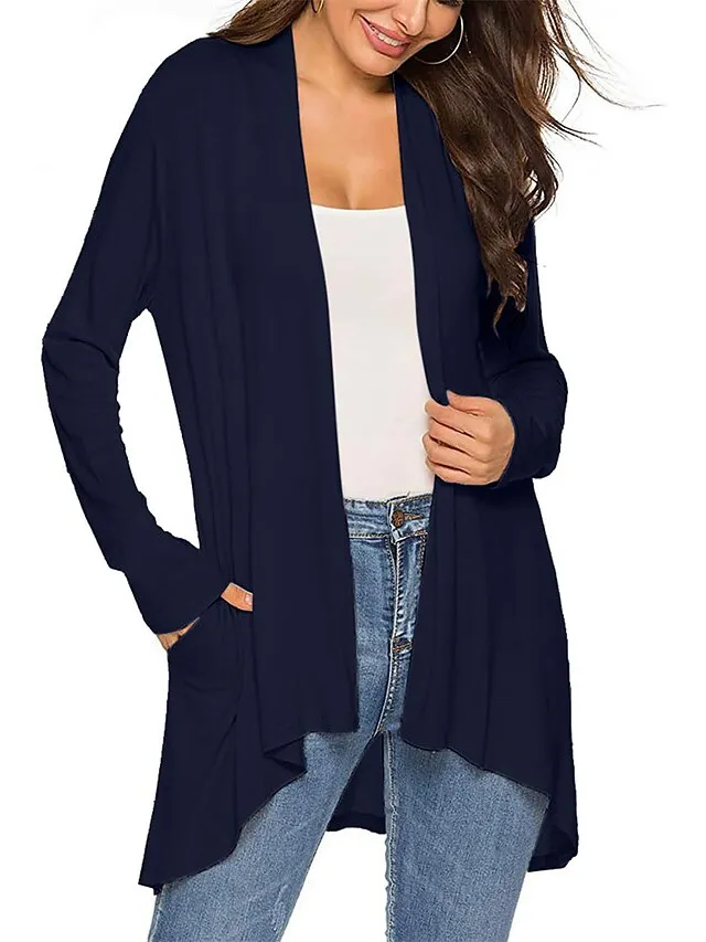 Women's Cardigan Sweater Open Front Ribbed Knit Knit Pocket Summer Fall Outdoor Daily Weekend Stylish Casual Soft Long Sleeve Solid Color Black White Wine S M L