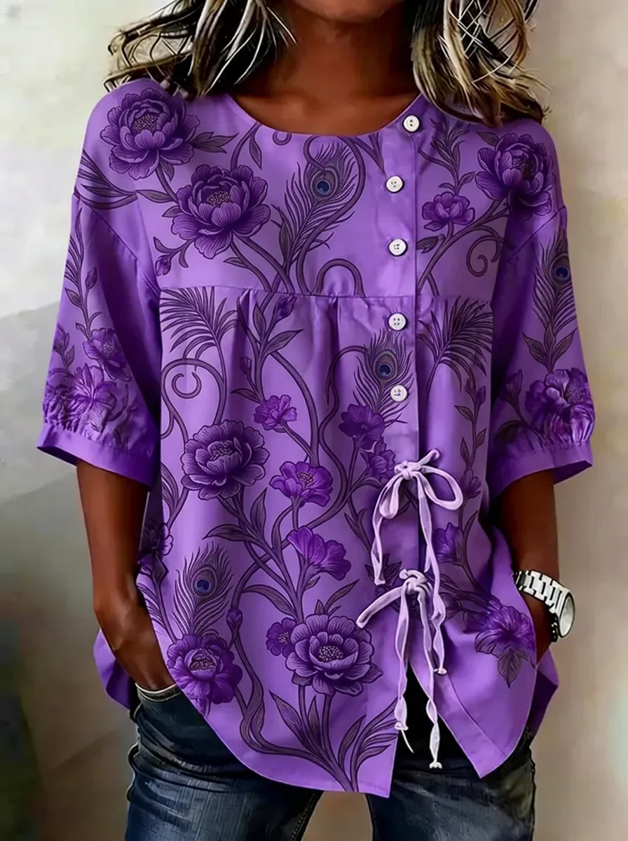 Women's Nashville Floral Peacock Feather Printed Button-Up Top