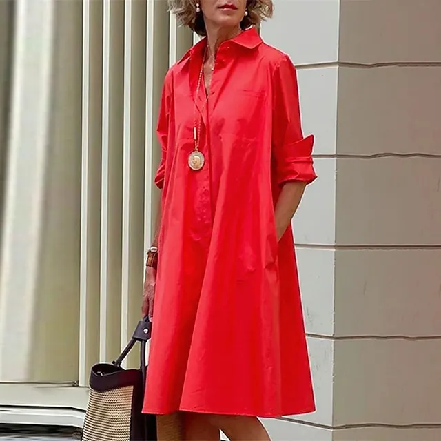 Women's Shirt Dress Casual Dress Shift Dress Midi Dress Outdoor Winter Dress Daily Polyester Elegant Casual Shirt Collar Pocket Rolled Cuff Long Sleeve Summer Winter Fall Spring 2023 Loose Fit Red