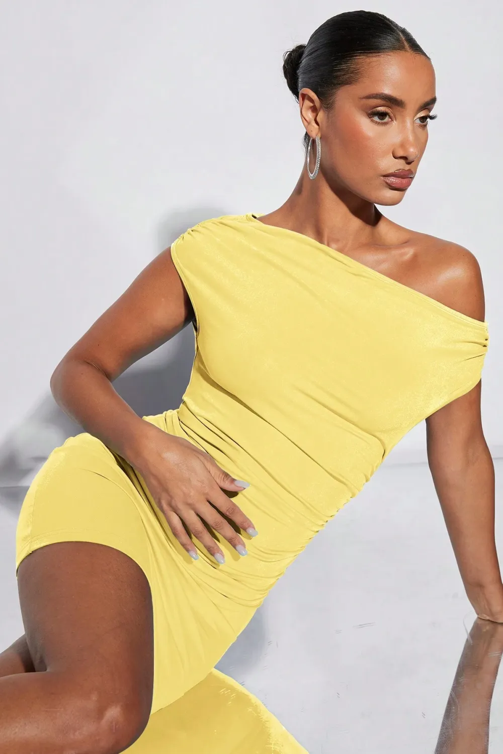 BAE Asymmetrical Neck Ruched Bodycon Dress
