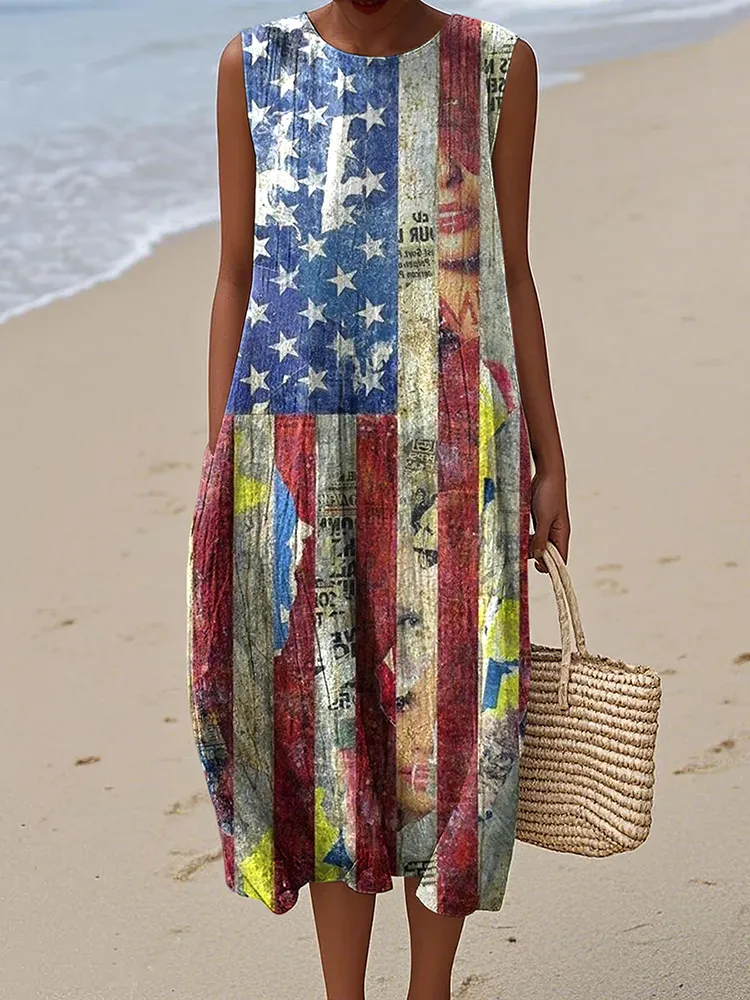 Vintage Independence Day American Flag Patch 4th Of July Peaceinwar Art Linen Tank Dress