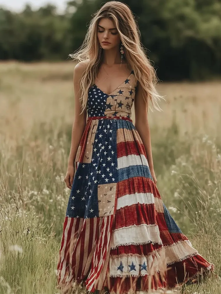 Vintage Independence Day Print Linen Tank Dress