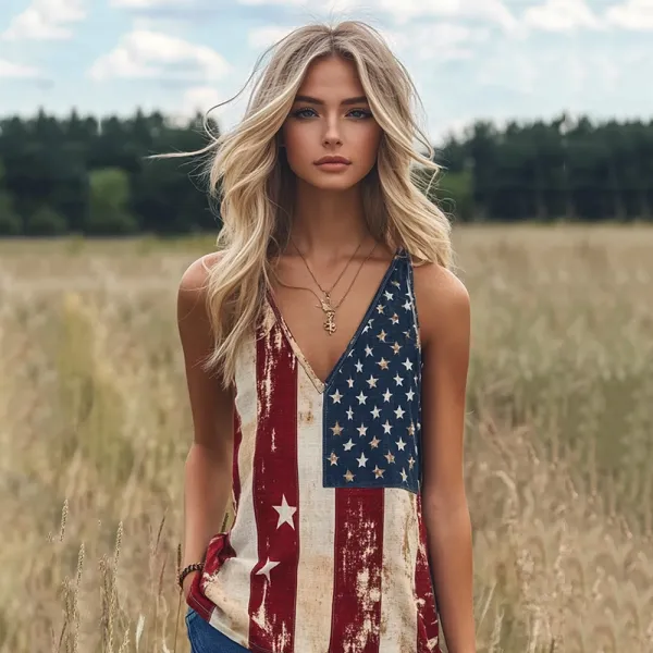Women's Vintage Independence Day Flag Print V-neck Tank Top