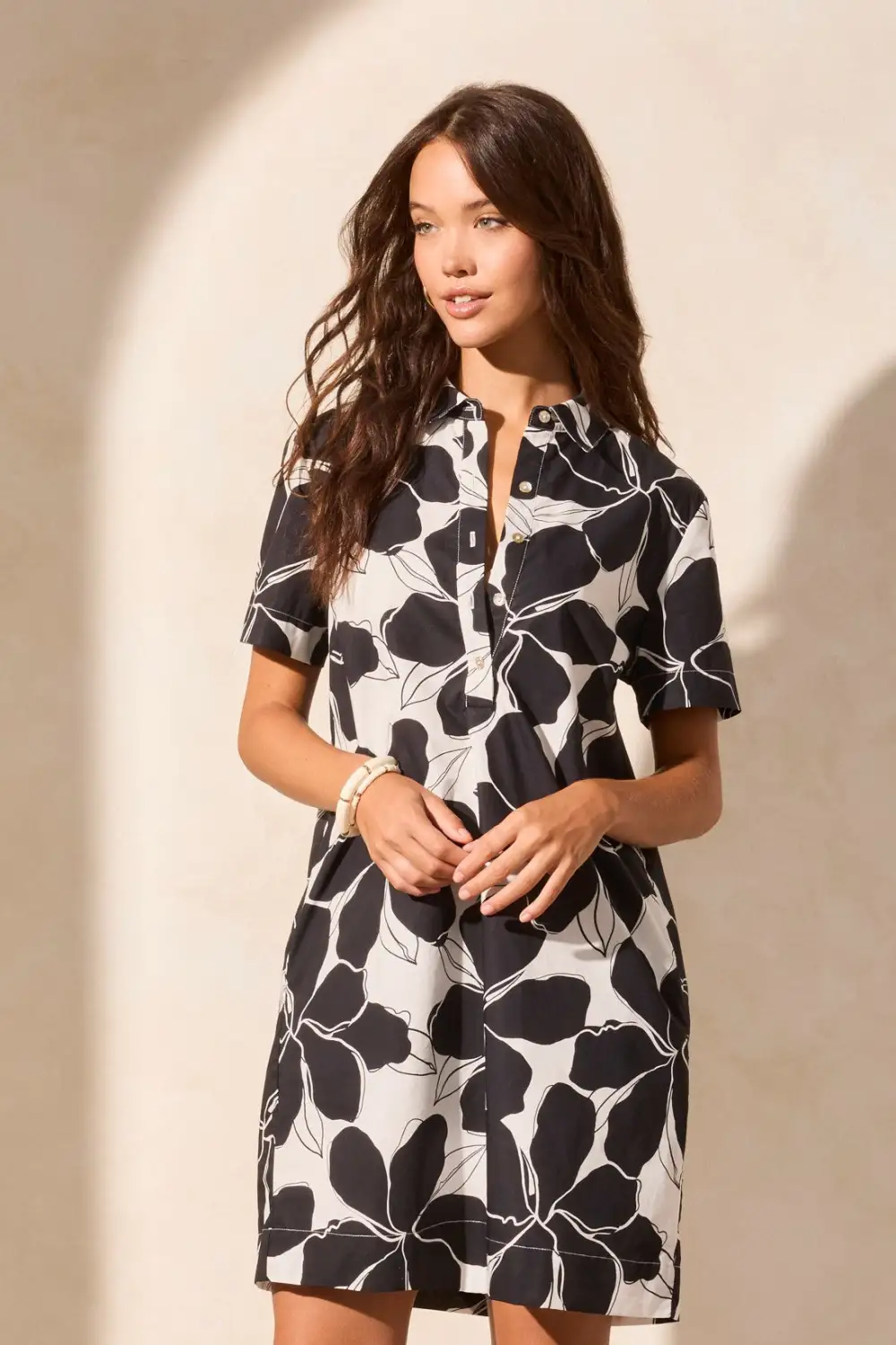 Printed Cotton Poplin Short-Sleeve Shirt Dress-White