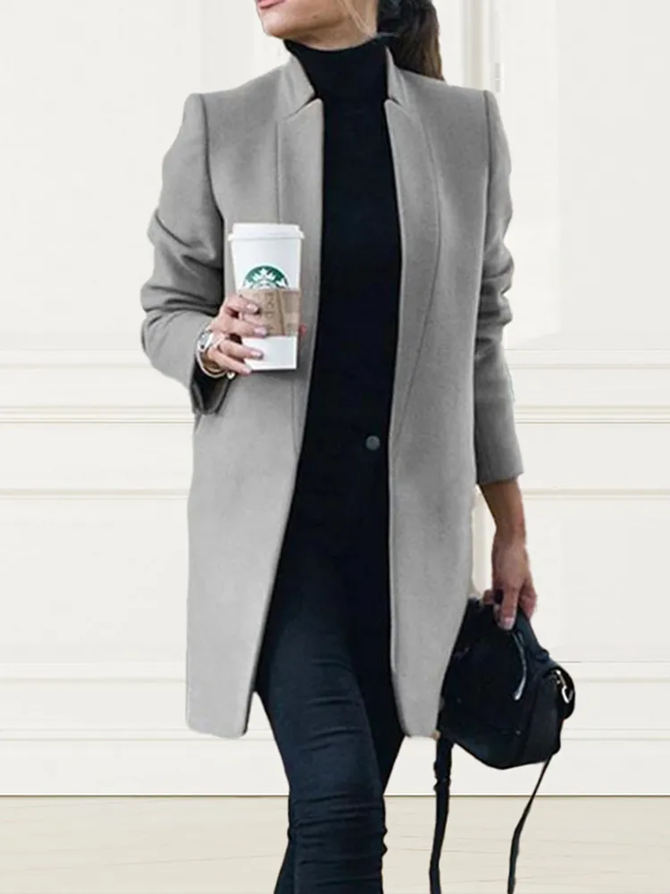 Casual Solid Color Stand Collar Long Coat