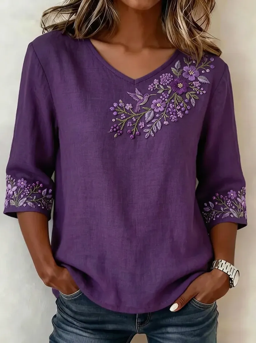 Women's Nashville Hummingbird Floral Embroidered Printed Top