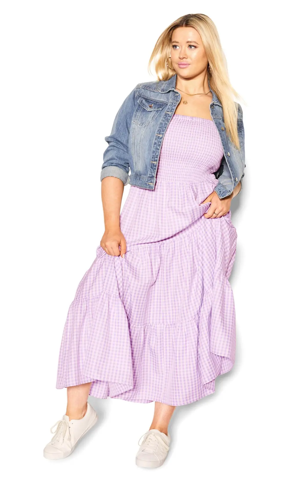Evans Light Purple Gingham Shirred Maxi Dress