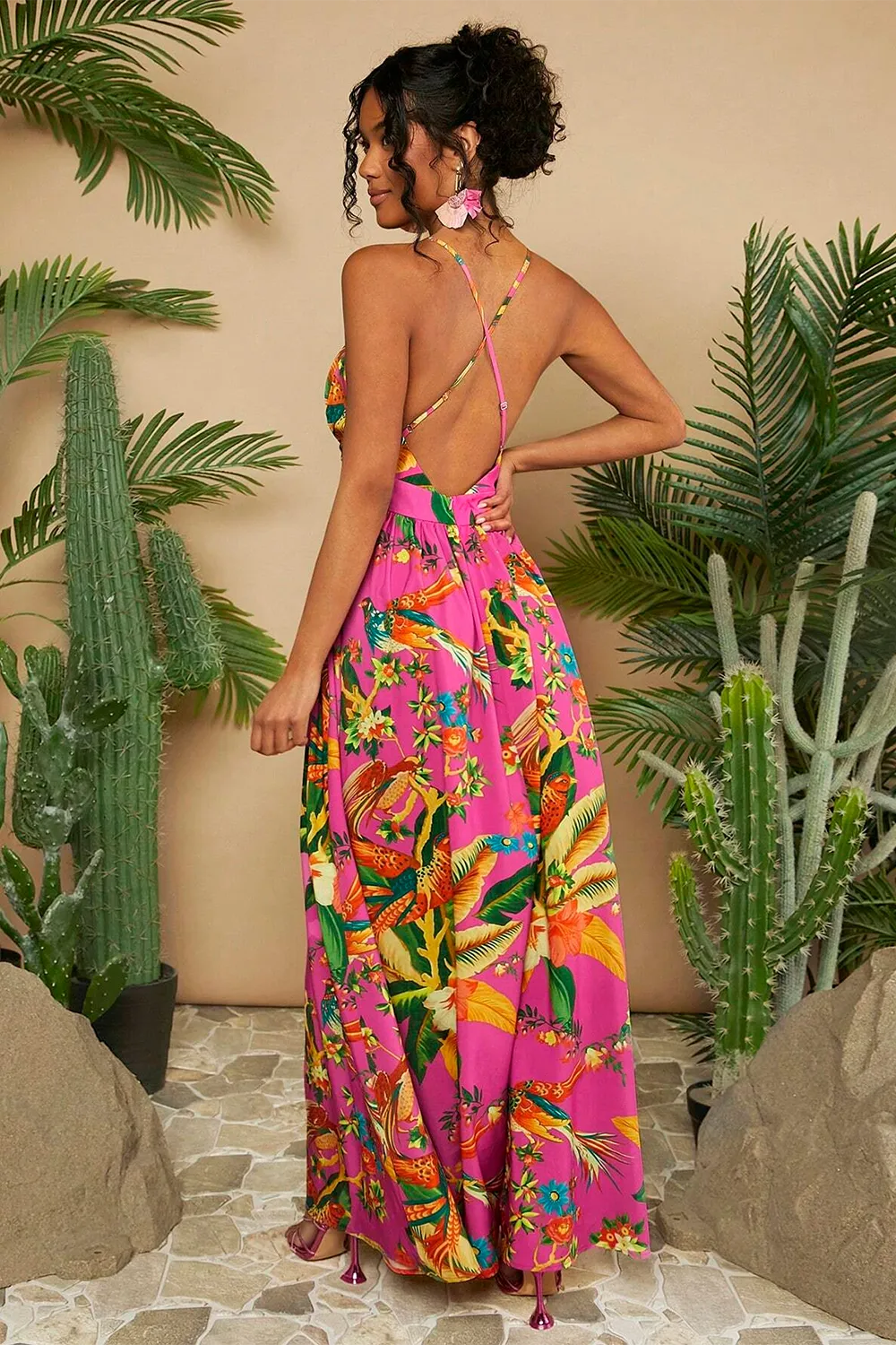 Women's Plant Printed Spaghetti Strap Dress
