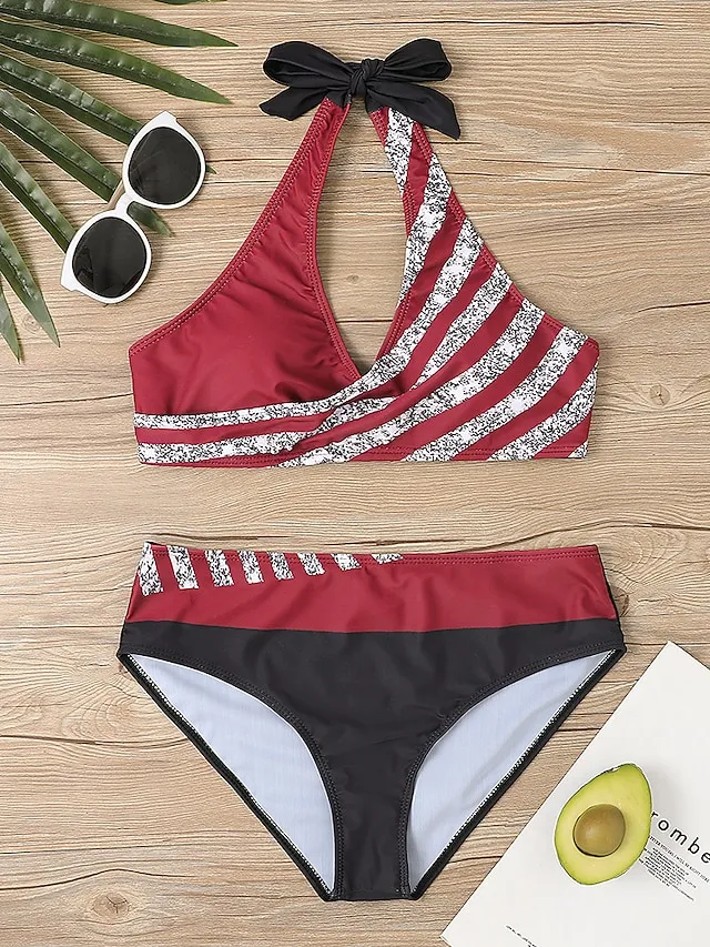 Women's Swimwear Bikini Plus Size Swimsuit 2 Piece Stripe Striped Black Burgundy Blue Lavender Purple Bandeau Bathing Suits Sports Push Up Summer