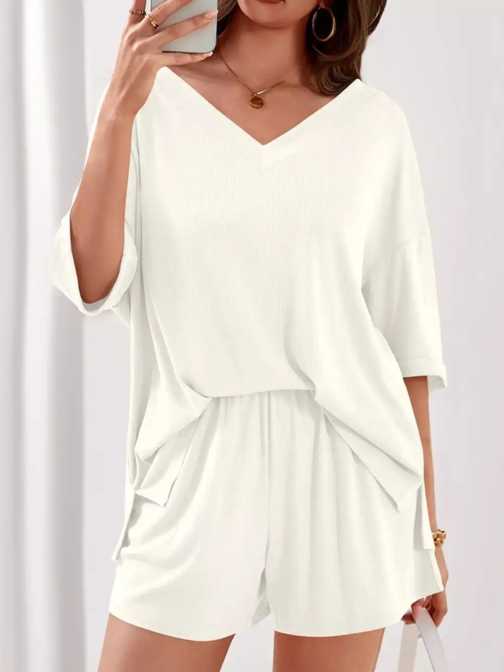 Casual V Neck Top Shorts Set
