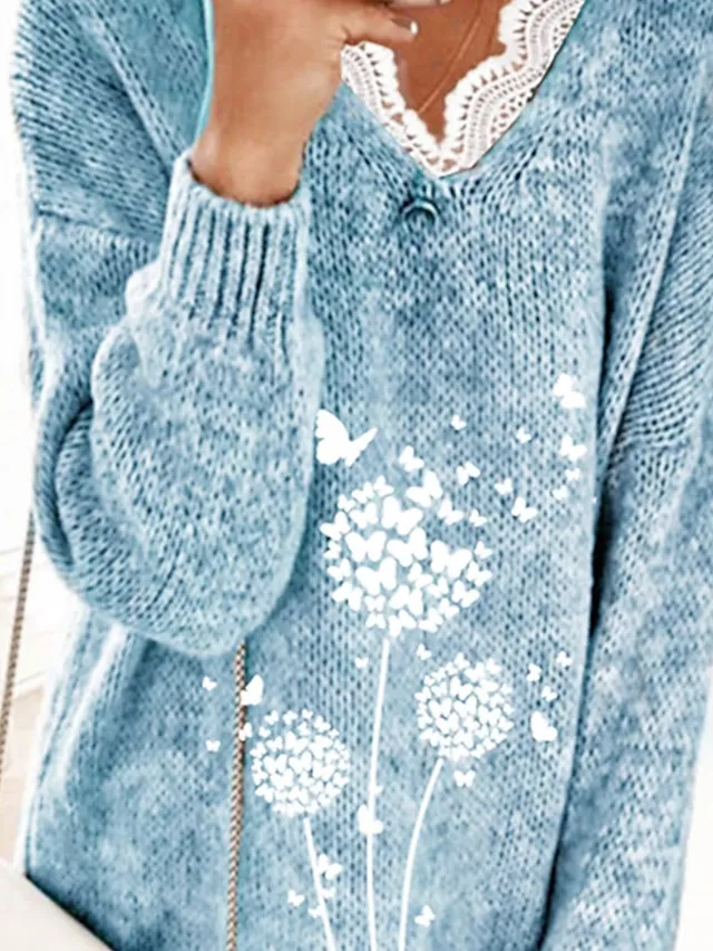 Women's Pullover Sweater Jumper V Neck Crochet Knit Rayon Knitted Lace Trims Fall Winter Outdoor Daily Going out Stylish Casual Soft Long Sleeve Butterfly Yellow Gray S M L