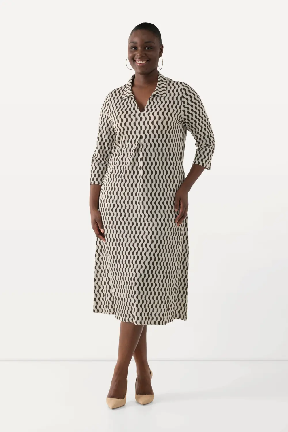 Midikleid Slinky-Piqué A-Linie Hemdkragen 3/4-Arm