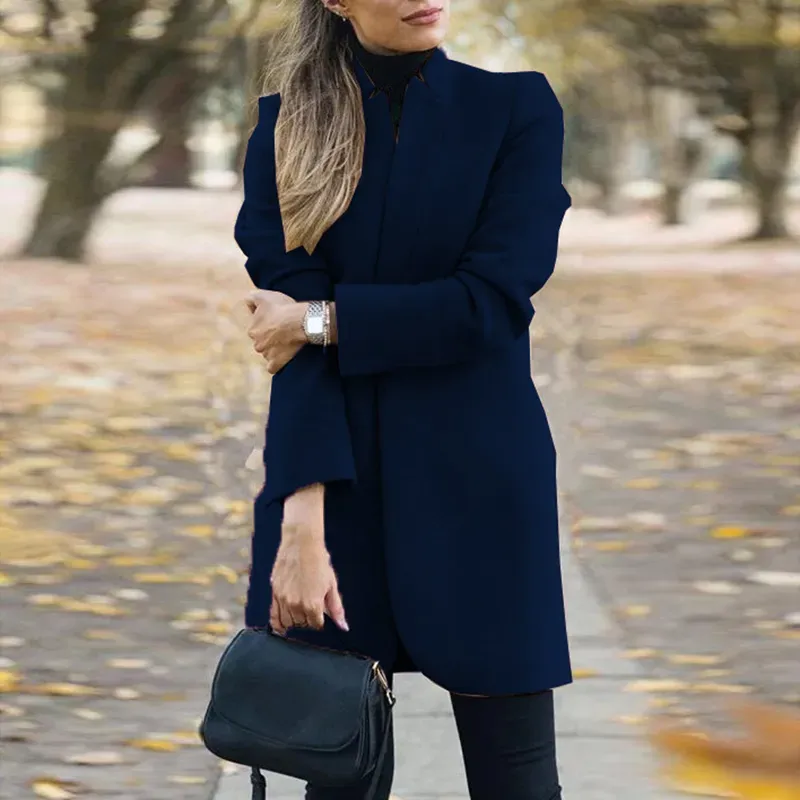 Casual Solid Color Stand Collar Long Coat