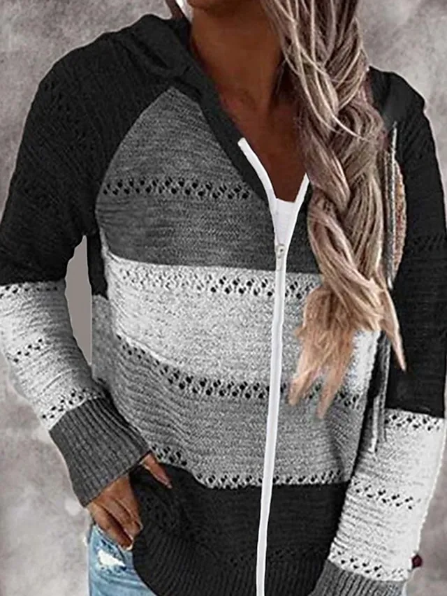 Women's Sweater Jacket Casual Sweater Crew Neck Knit Zipper Hooded Spring Fall Daily Casual Soft Long Sleeve Color Block Black Pink