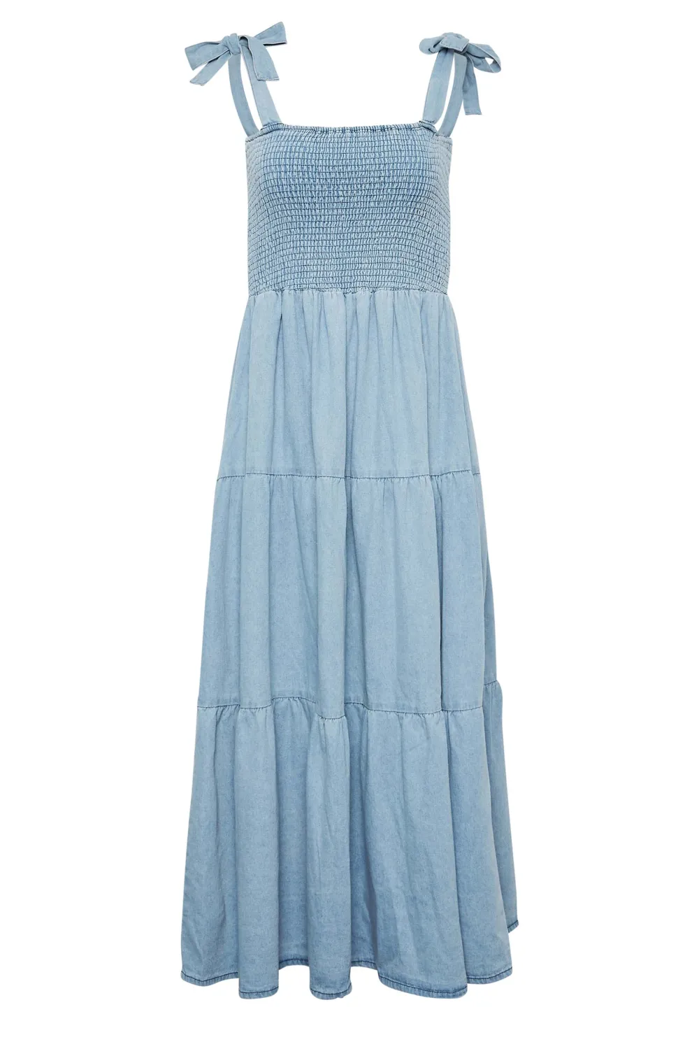 LTS Tall Blue Denim Shirred Tiered Midi Dress