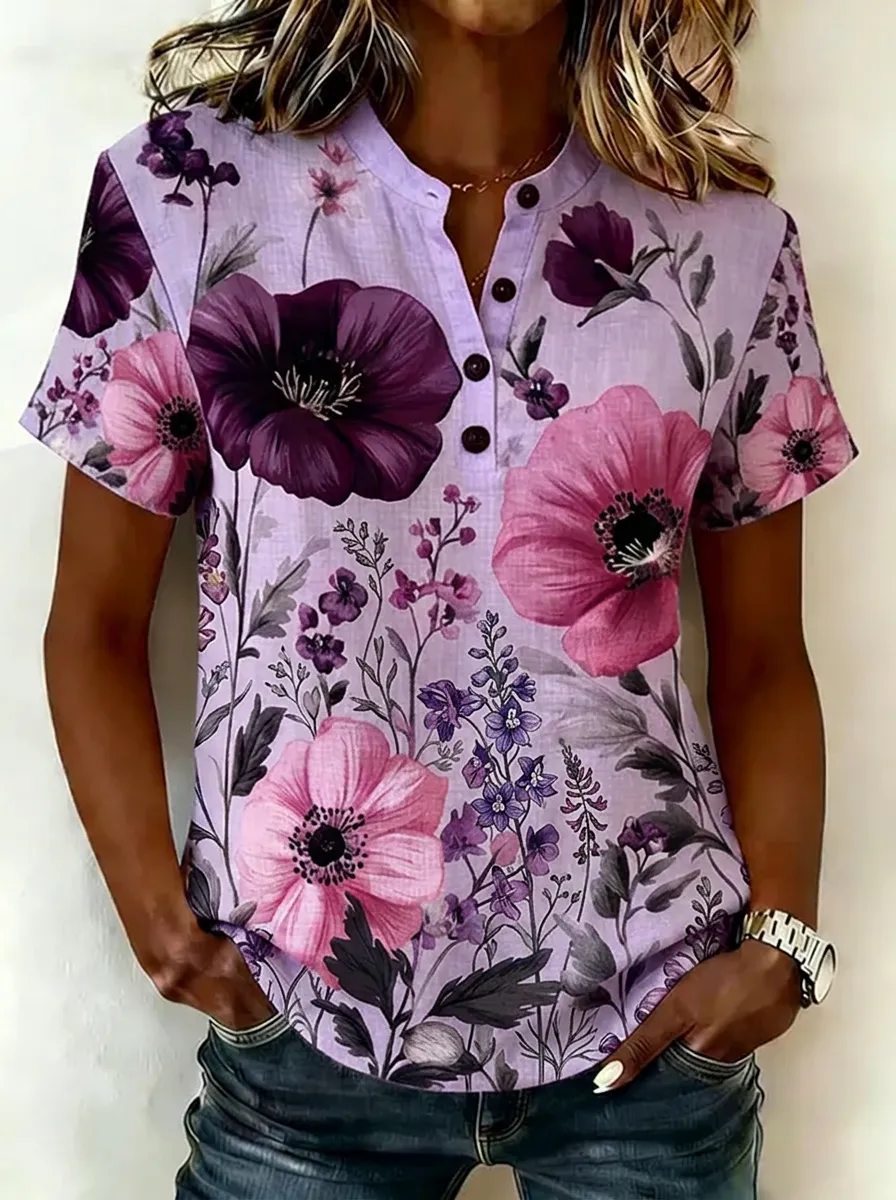 Women's Nashville Floral Botanical Printed Henley Shirt