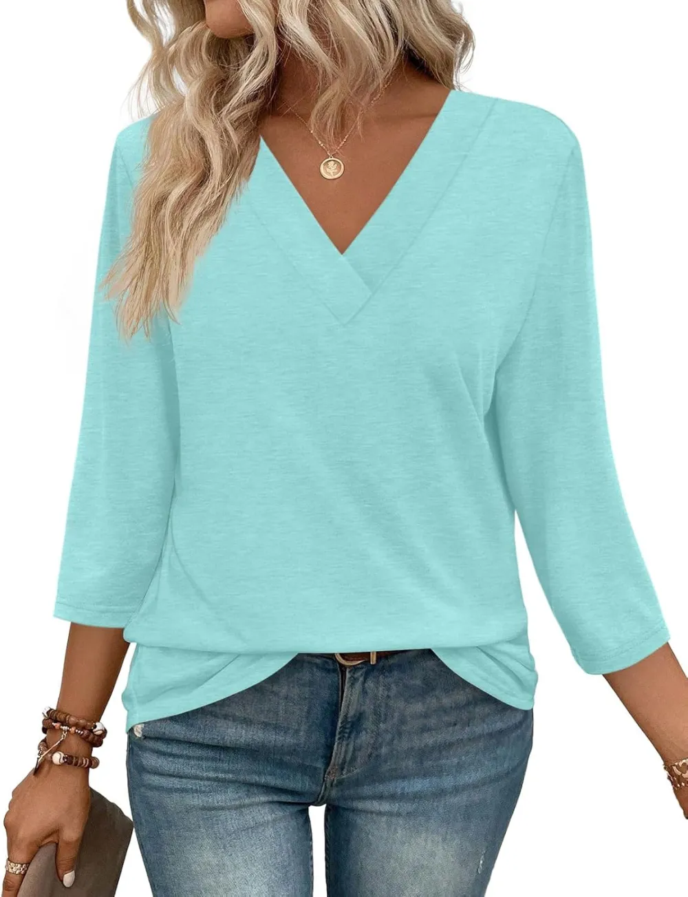 ⏰Hot Sale-Women's V Neck 3/4 Long Sleeve Tops Loose Fit Blouse