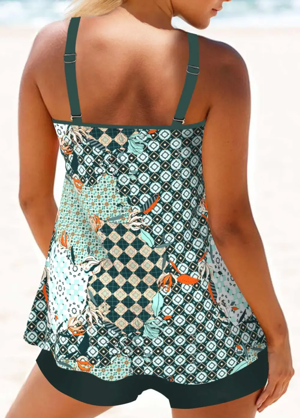 Metal Ring Leaf Print Coral Red Tankini Top