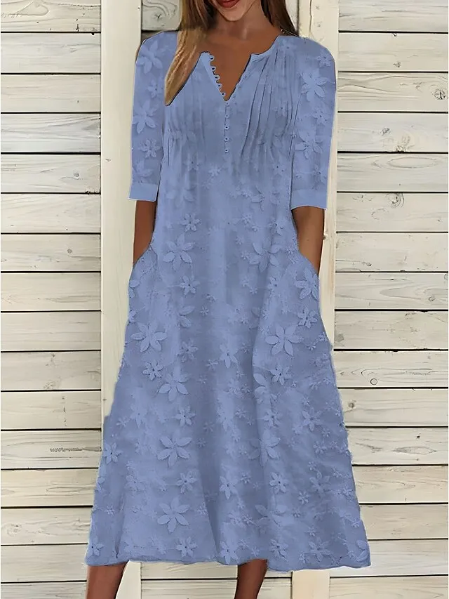 Women's Cotton Linen Dress Casual Dress Midi Dress Cotton Casual Mature Outdoor Daily Vacation V Neck Ruched Pocket Half Sleeve Summer Spring Fall 2023 Loose Fit White Blue Green Plain S M L XL 2XL