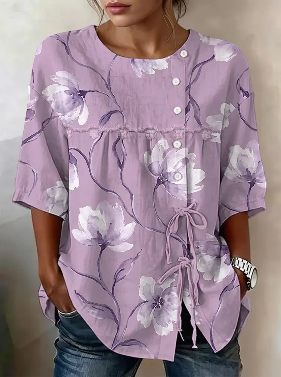Women's Nashville Floral Pattern Printed Button-Down Linen Top