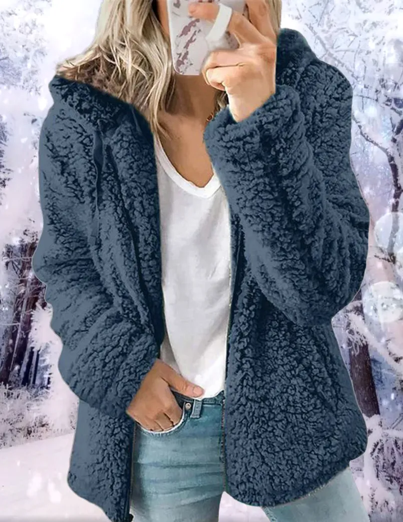 Solid Plush Hooded Zipper Coat