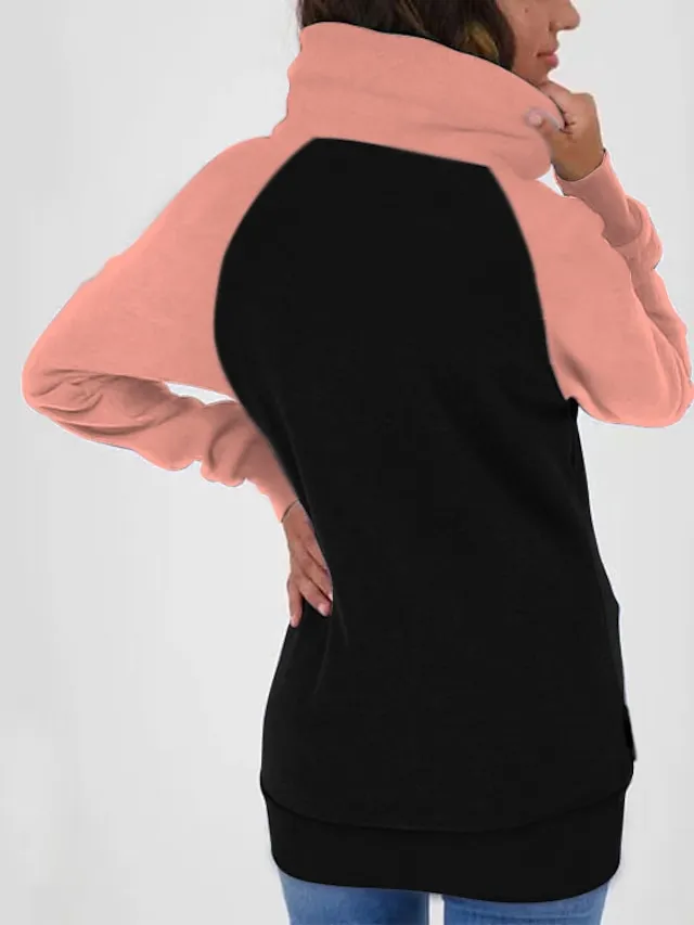Women's Zip Hoodie Sweatshirt Basic Pocket Drawstring Zip Up White Light Green Pink Color Block Street Casual Pile Neck Long Sleeve Top Micro-elastic Fall & Winter