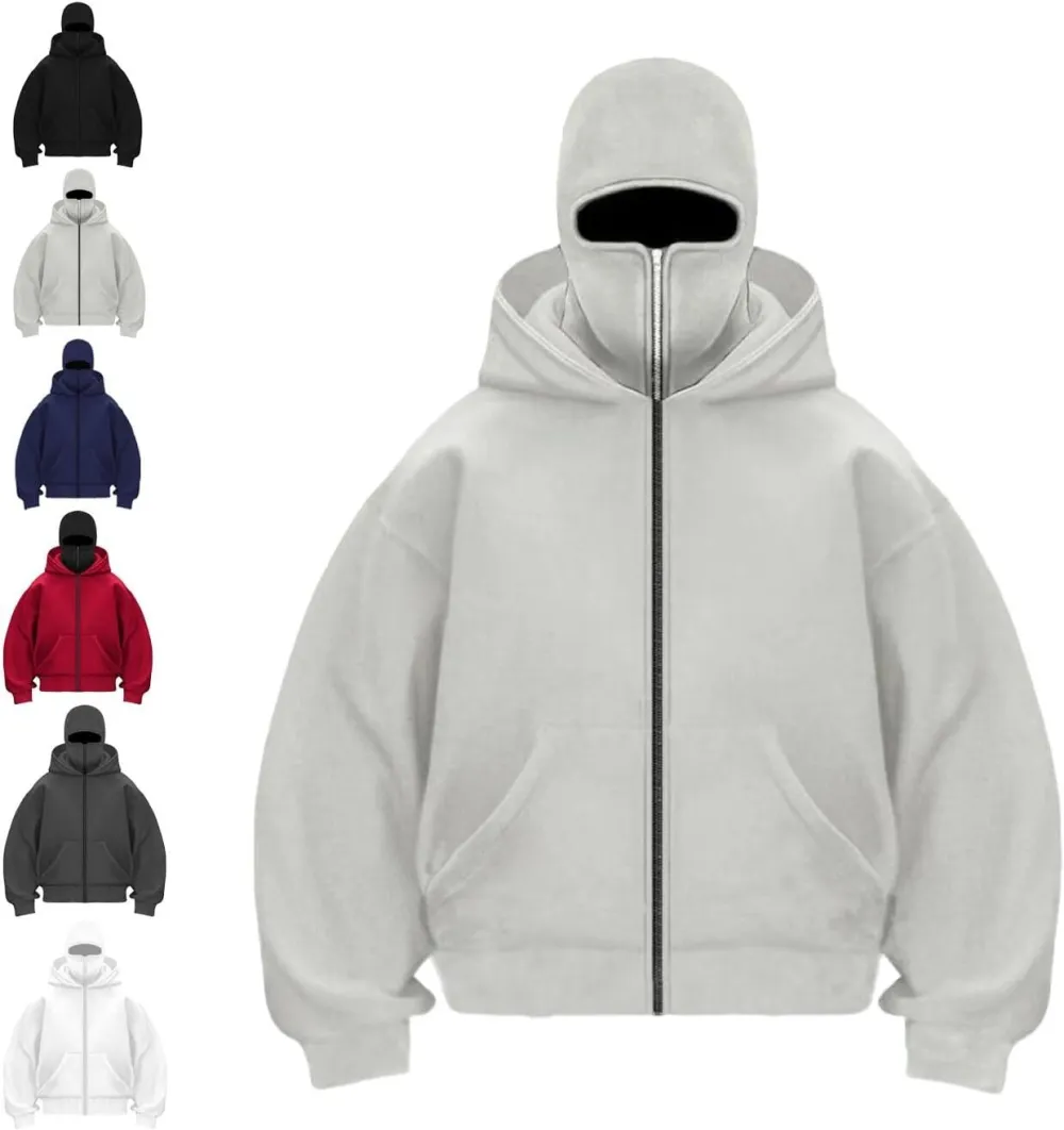 Unisex Hoodie with Built-In Eye Mask, Double Hooded Hoodie, Full Zip Hooded Sweatshirt for Cold Weather