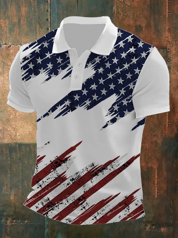 Men's Retro American Flag Print Polo Shirt