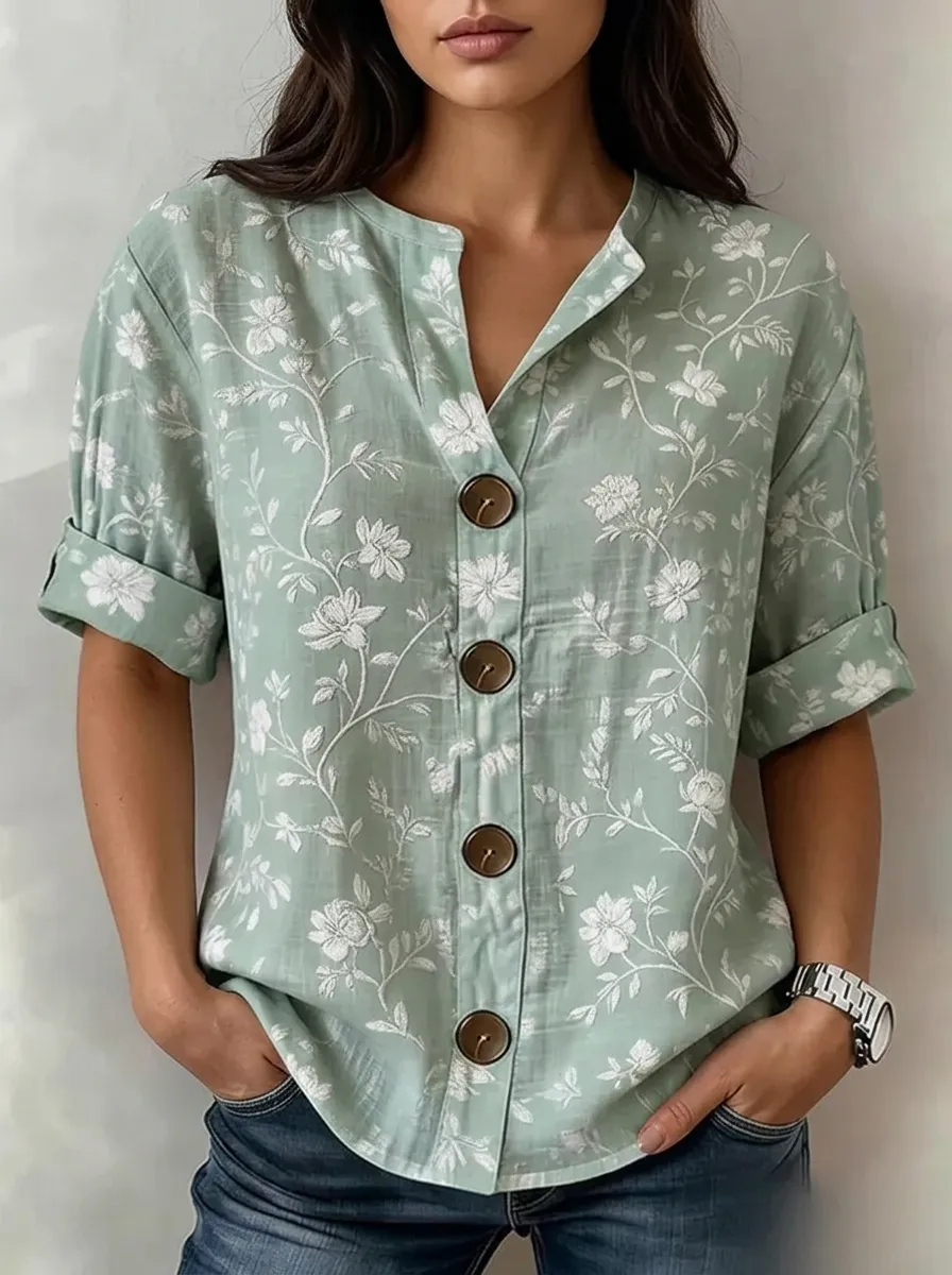 Women's Nashville Floral Botanical Printed Button-up Top