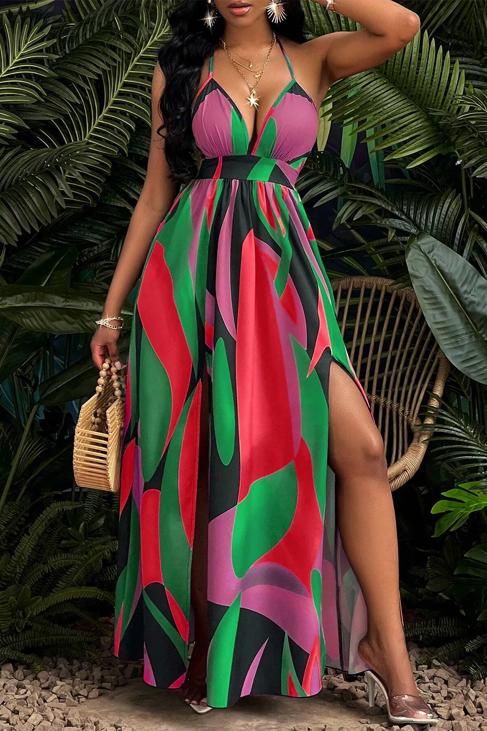 Sexy Backless Multi-color Pattern Dress