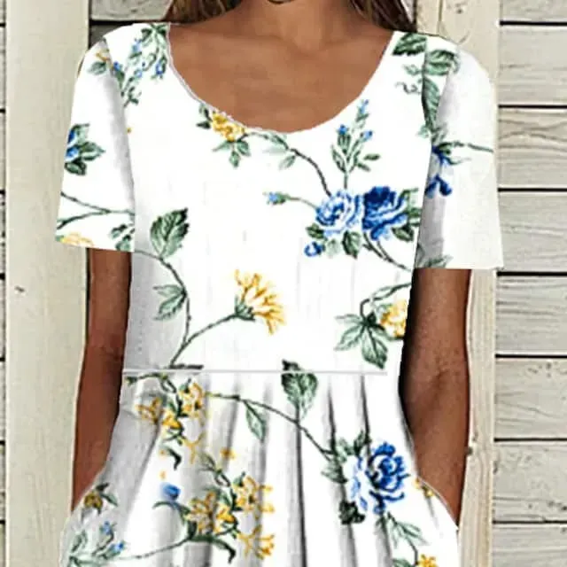 Women's Casual Dress Midi Dress White Blue Green Short Sleeve Floral Ruched Summer Spring Crew Neck Basic Loose Fit 2023 S M L XL XXL 3XL