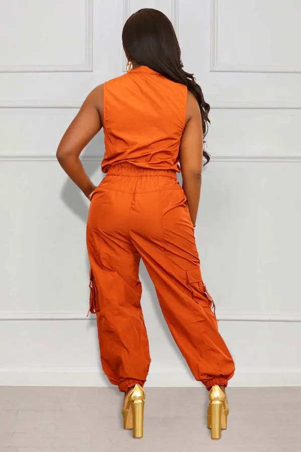 Sleeveless Zipper Elastic Waist Pocket Jogger Leg Jumpsuit-Orange