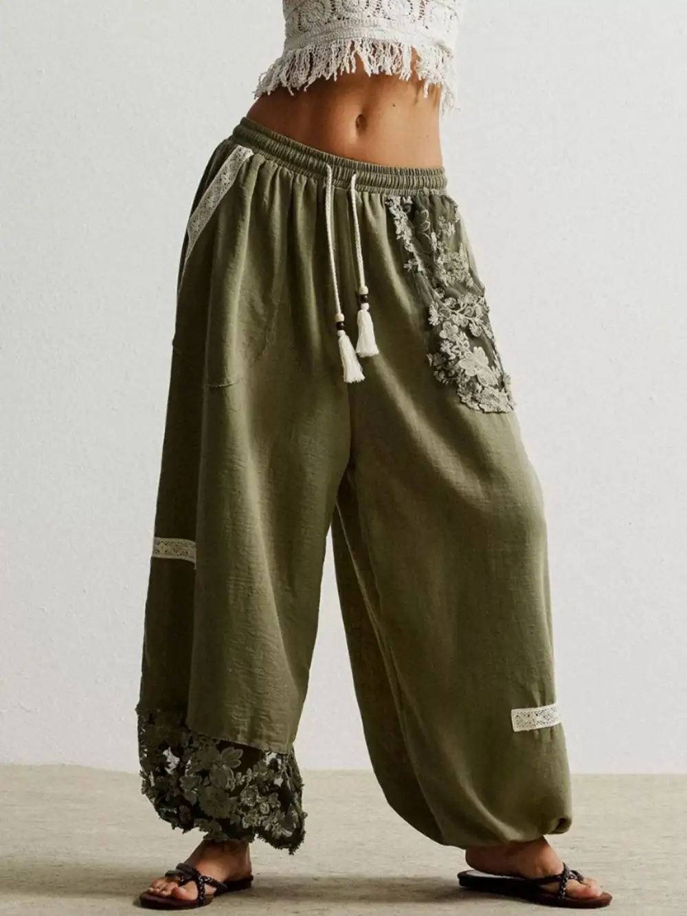 Lace Detail Drawstring Harem Pants