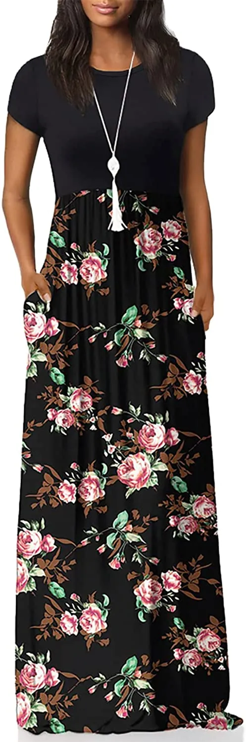 Women's Short Sleeve Loose Plain Maxi Dresses Casual Long Dresses with Pockets