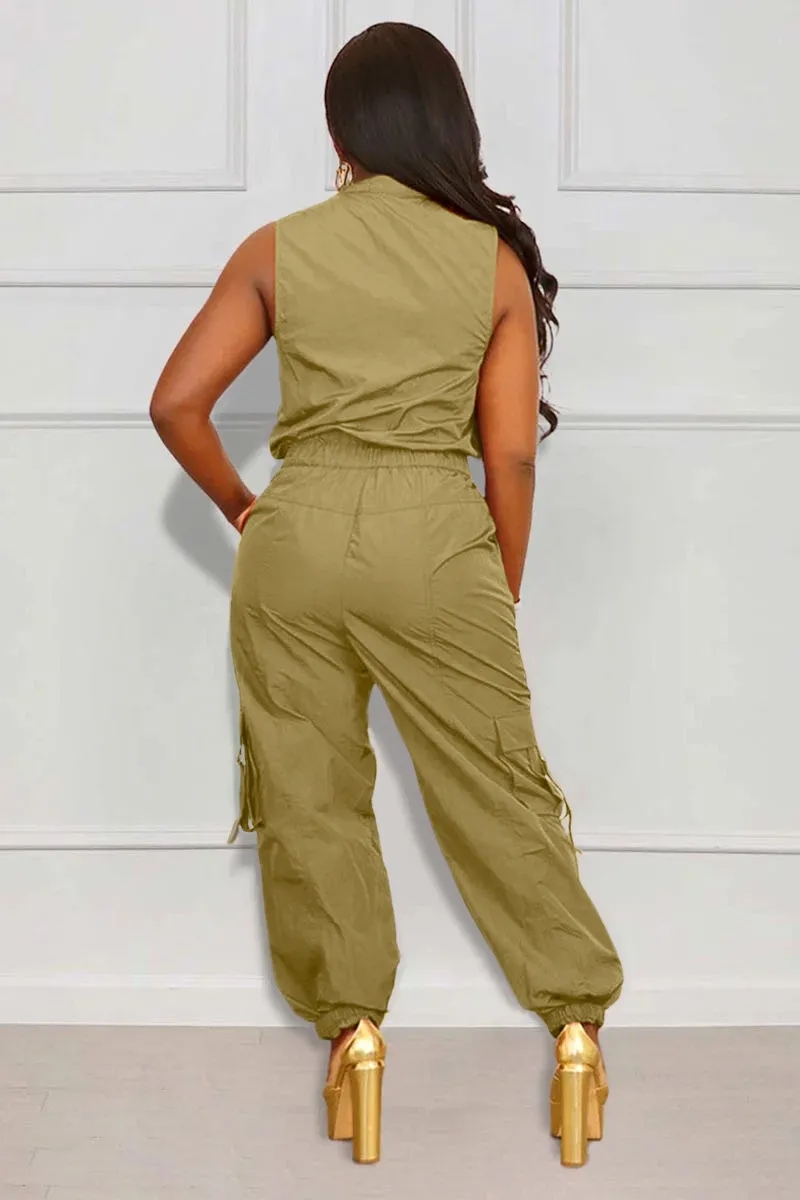 Sleeveless Zipper Elastic Waist Pocket Jogger Leg Jumpsuit-Orange